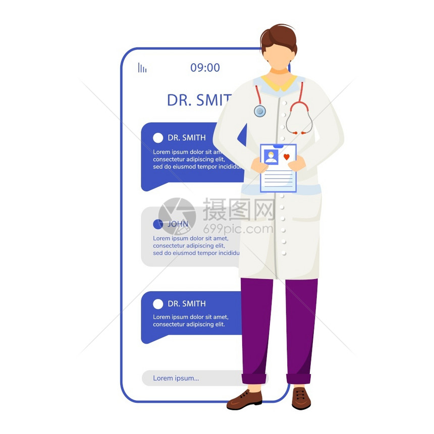 在线医生咨询智能手机病媒应用程序屏幕与医学专家聊天移动电话显示器与卡通人物设计模型远程医疗应用电话界面在线医生咨询智能电话病媒应图片