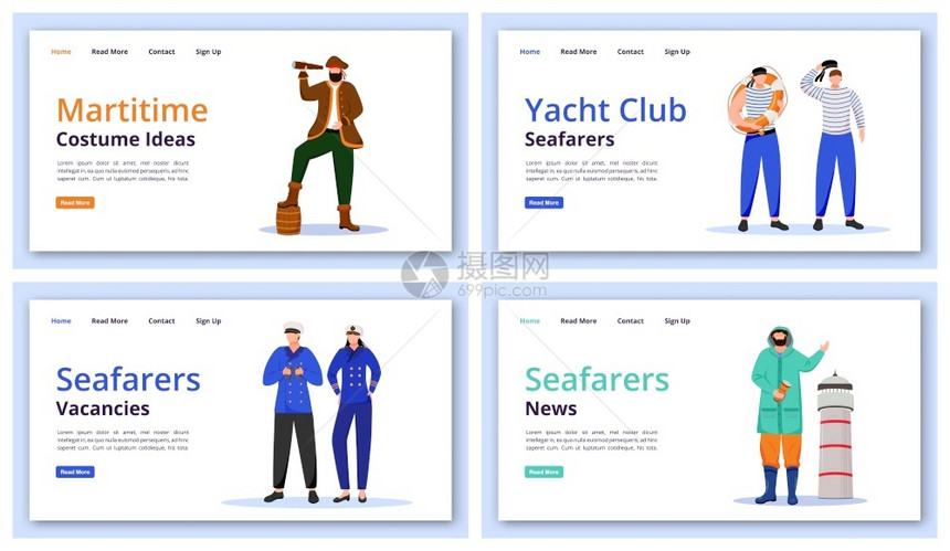 海洋服装网站界面概念平插图游艇俱乐部主页布局海员新闻网站标语页卡通概念海洋字符着陆页矢量模板图片