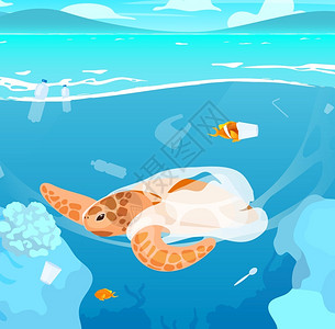 海洋塑料垃圾被困在塑料垃圾里的海龟插画