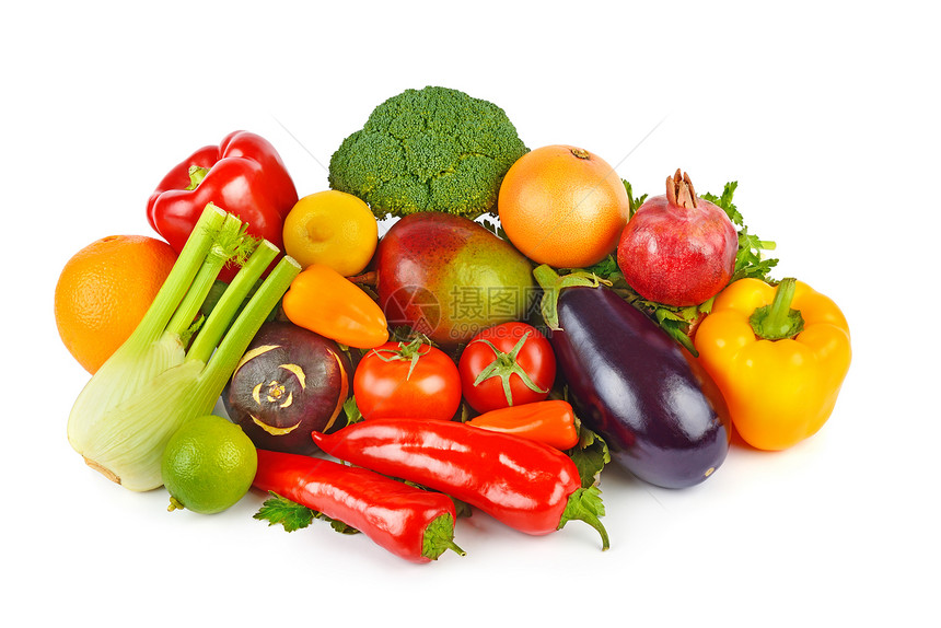 在白色背景上隔离的蔬菜和水果健康的食物平地图片