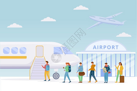 旅客游乘包机旅行者男女登上飞机的斜坡登上飞机的卡通人物背景图片