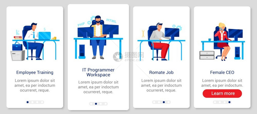 上载移动应用程序屏幕矢量模板的公司生活方式通过带有平板字符的网站步骤uxig智能手机卡通界面概念雇员培训远程工作图片
