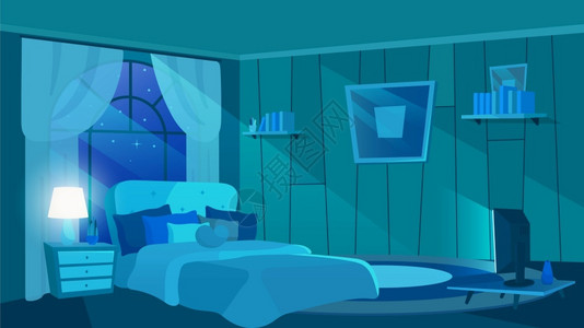 床垫子在月光下卧室插画