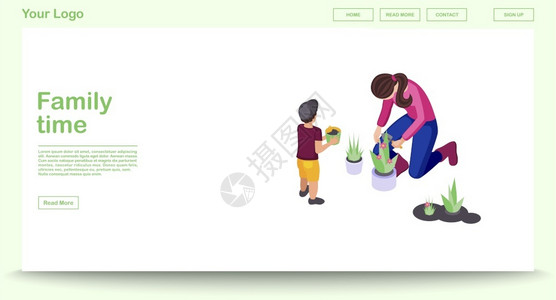 儿童网站素材母亲和儿子做园艺工作网站界面设计家庭休闲和娱乐活动3d概念单独剪辑家庭时间网页病媒模板带有等量图插画