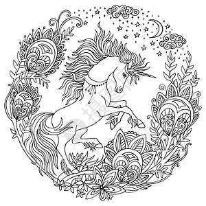 彩色书页的美容独角兽花朵圆形恒星长者用缠绕面条元素绘制的手画成人彩色贴纸设计纹身印刷背景图片