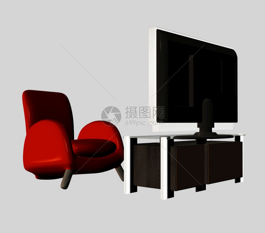 带有家具3d插图的现代数字式电视机图片