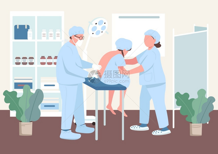在手术室为病人打麻醉针的医生们卡通矢量插画图片