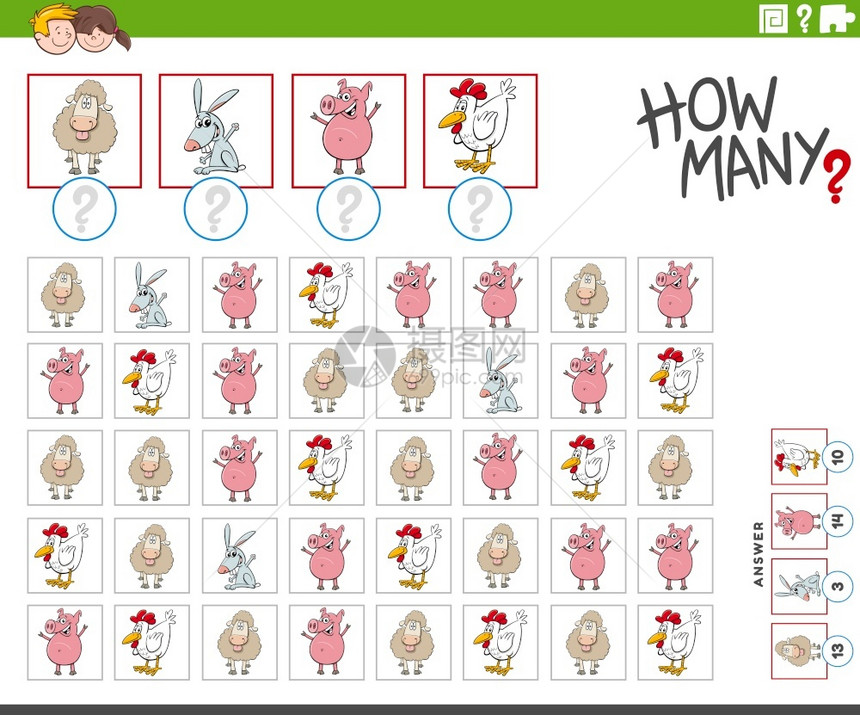 卡通农场动物儿童教育计数游戏插图图片