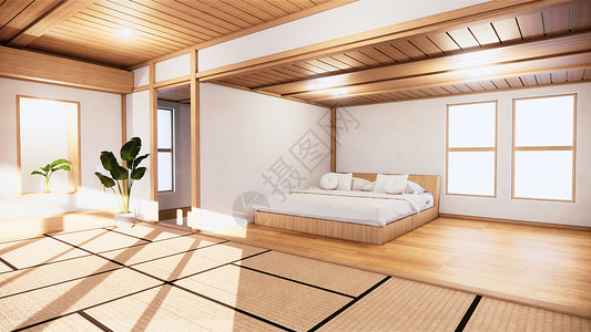 家用内墙在zen卧室用木制床成背景图片