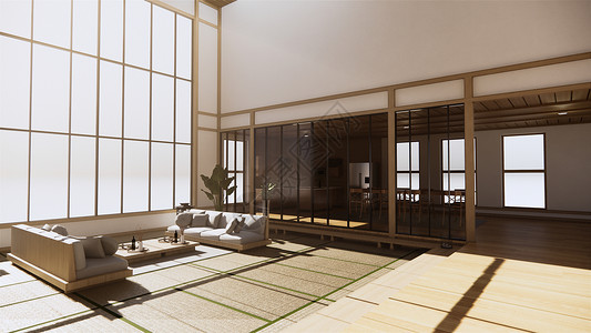 大厅室内设计房间日本式的室内装饰在塔米垫地板和木制设计墙壁上用扶手椅作假背景图片