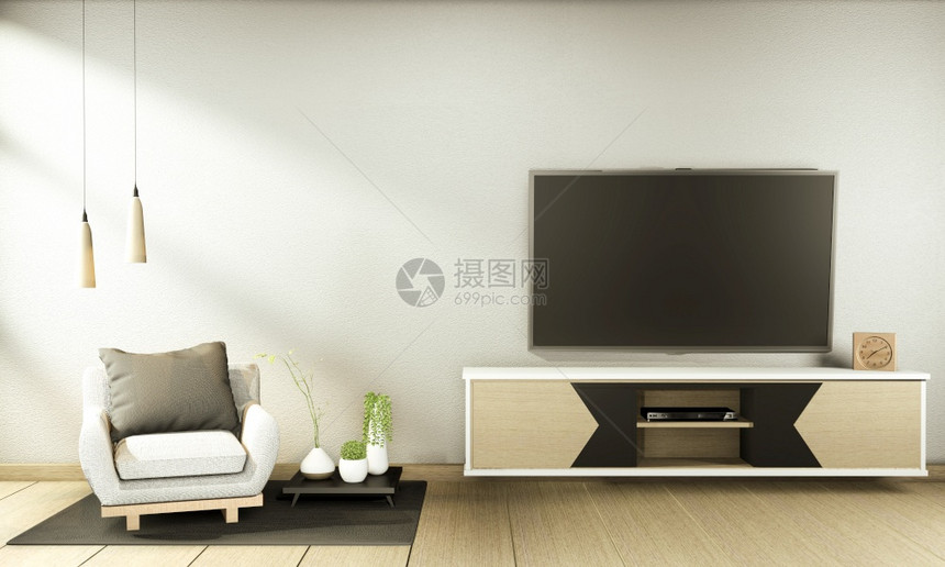 tv柜子和显示办公客厅的日本内部和用于编辑的黑背景3D图片