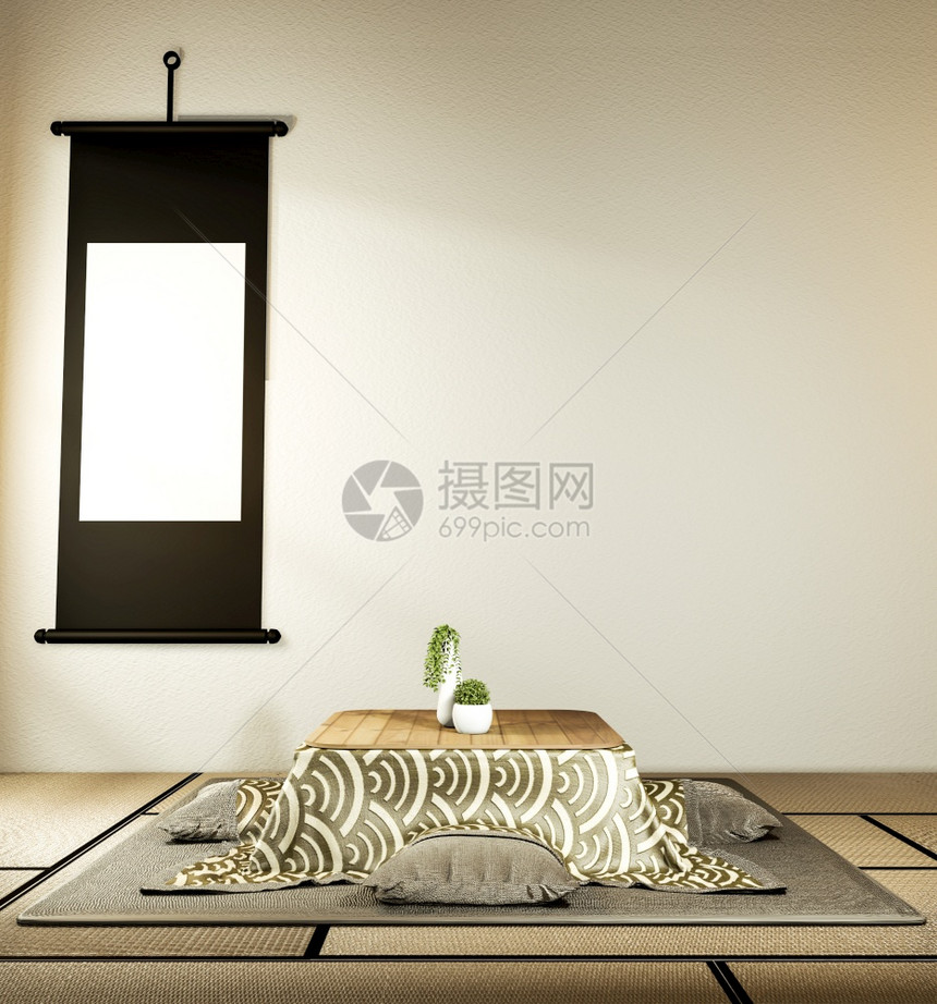 高松低桌和枕头垫日本房和框架图片