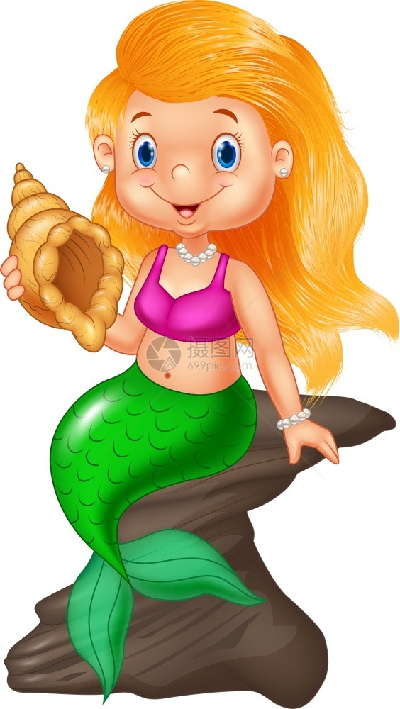 卡通美人鱼握着贝壳图片