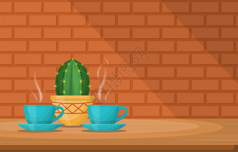 茶的味道两杯咖啡和仙人掌插画