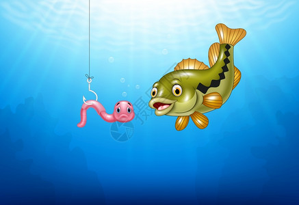 捕猎粉色蠕虫的卡通贝斯鱼高清图片