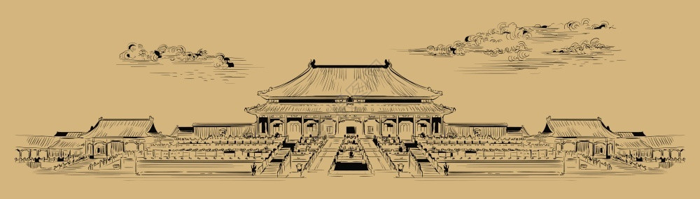 厦门国际中心部禁城宫殿建筑群部的地标手工绘制的矢量素描图以单色颜绘制与蜜背景隔绝旅游概念设计图片