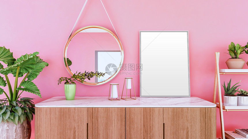 在壁边和粉红色墙上模拟的空图片框3D图片