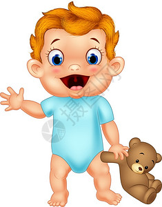 抱玩具熊男孩抱着泰迪熊的可爱婴儿插画