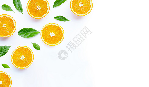 高维生素c多汁和甜新鲜橙色水果白底绿复制空间图片