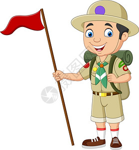 青年旗帜持有红旗的卡通男孩童子军插画