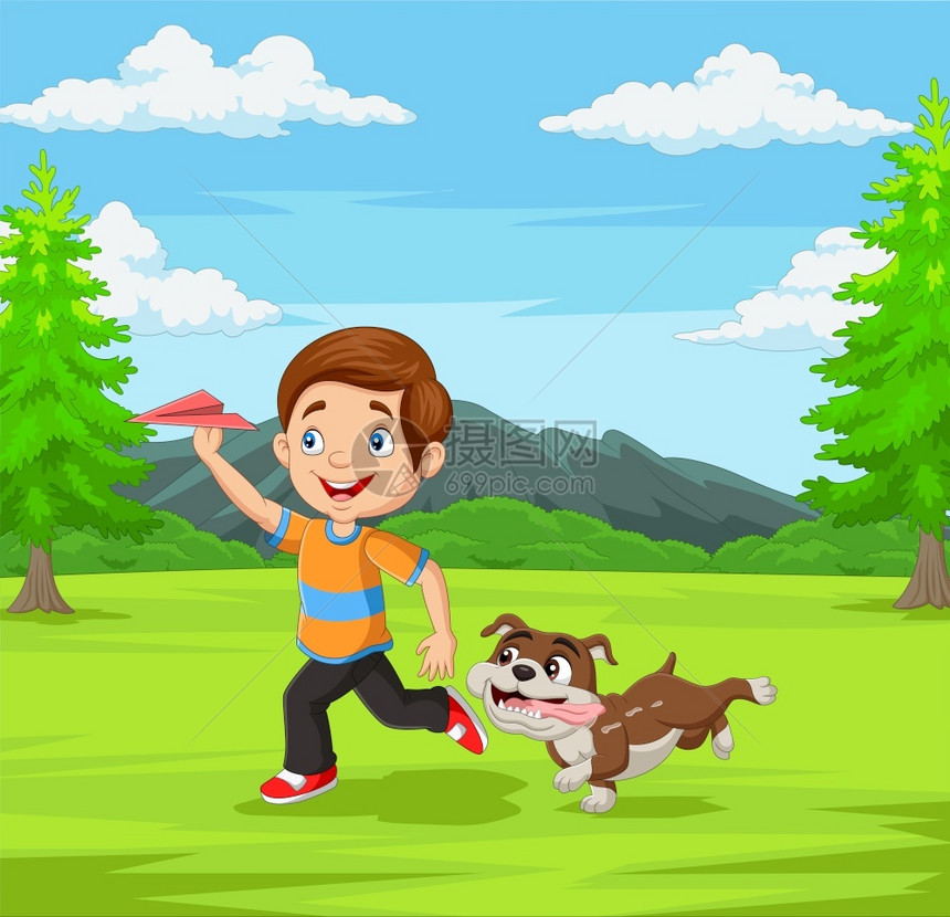 快乐的男孩和他的宠物在公园玩纸机图片