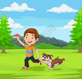 狗玩玩具快乐的男孩和他的宠物在公园玩纸机插画