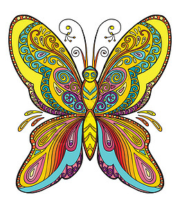 吉祥物设计白色背景上孤立的矢量装饰式轮廓插图成人颜色设计印刷装饰和纹身的存量插图蝴蝶颜色矢量背景