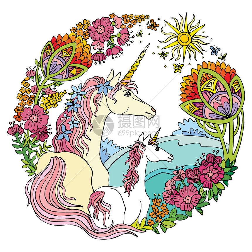 美丽的独角兽和花粉朵以圆形组成白色boh上的彩色装饰插图用于t衬衫标签设计和纹身彩色的独角兽和花粉带有矢量图片