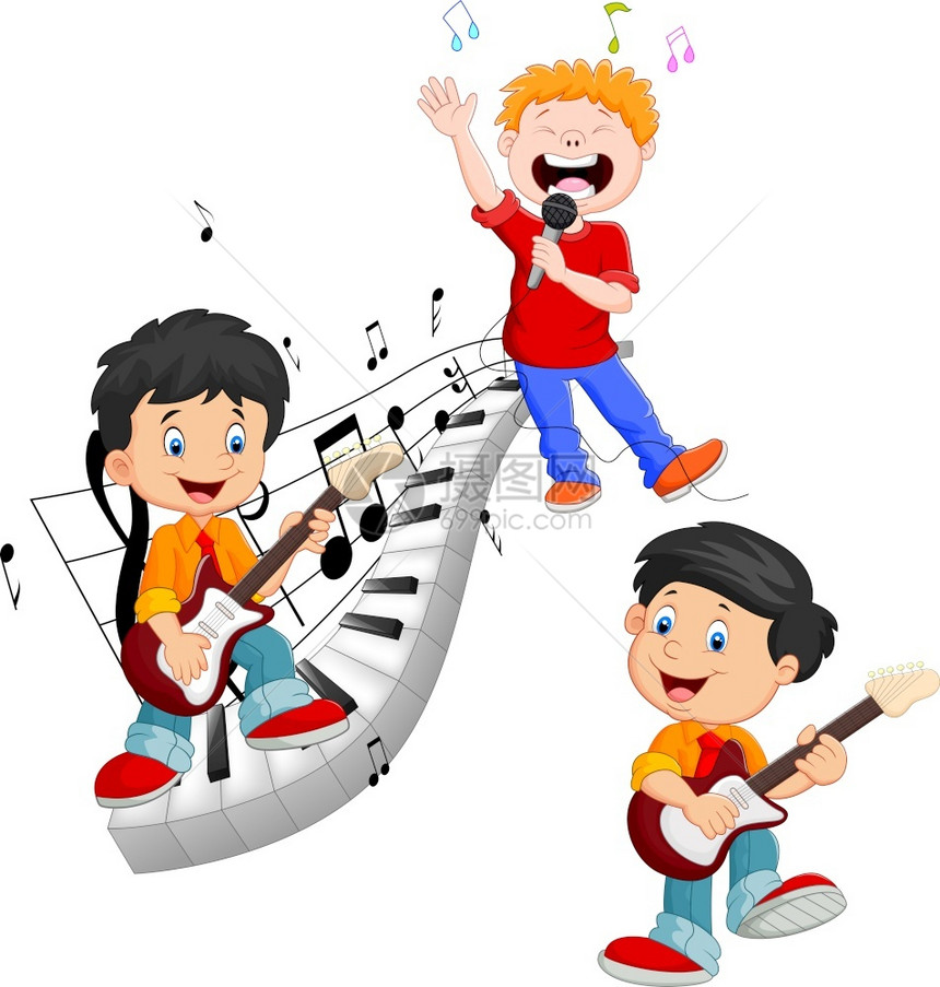 快乐的卡通儿童歌唱和演奏音乐图片