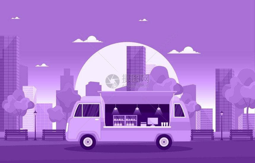 紫色背景面包汽车街店营业说明图图片