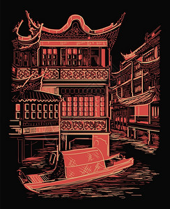 幸福旧城上海华地标手画矢量草图插与黑色背景隔绝华旅行概念图片