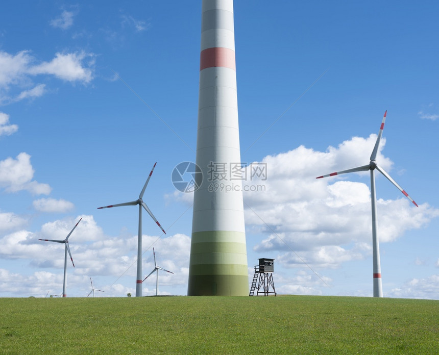 在阳光明媚的夏日青草蓝天空和白云绿草中风涡轮机和德国菜叶中的高座位图片