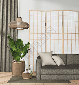内有沙发和木制地板上植物装饰的热带室内房间图片