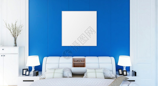 卧室墙壁上空白的相片框用于模拟3D显示背景图片
