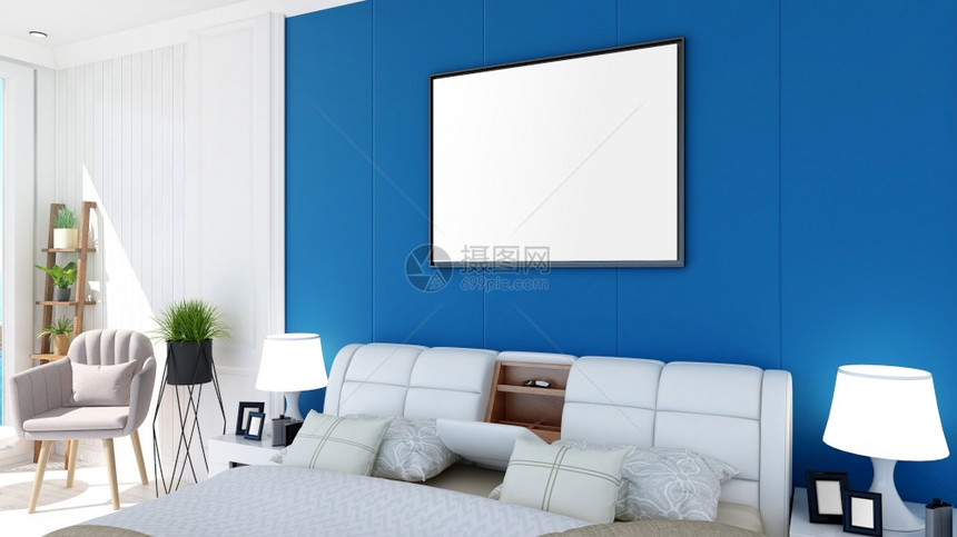 卧室墙壁上空白的相片框用于模拟3D显示图片