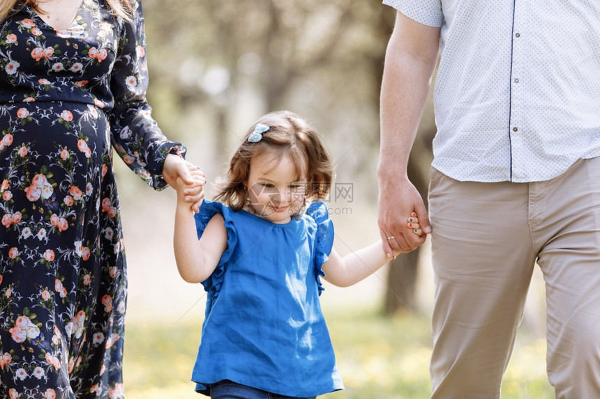 母亲父和女儿握手享受自然在春季公园散步年轻家庭一起渡假户外活动家庭节假日的概念对幼儿观感母亲父和女儿牵手享受自然在春季公园散步家图片
