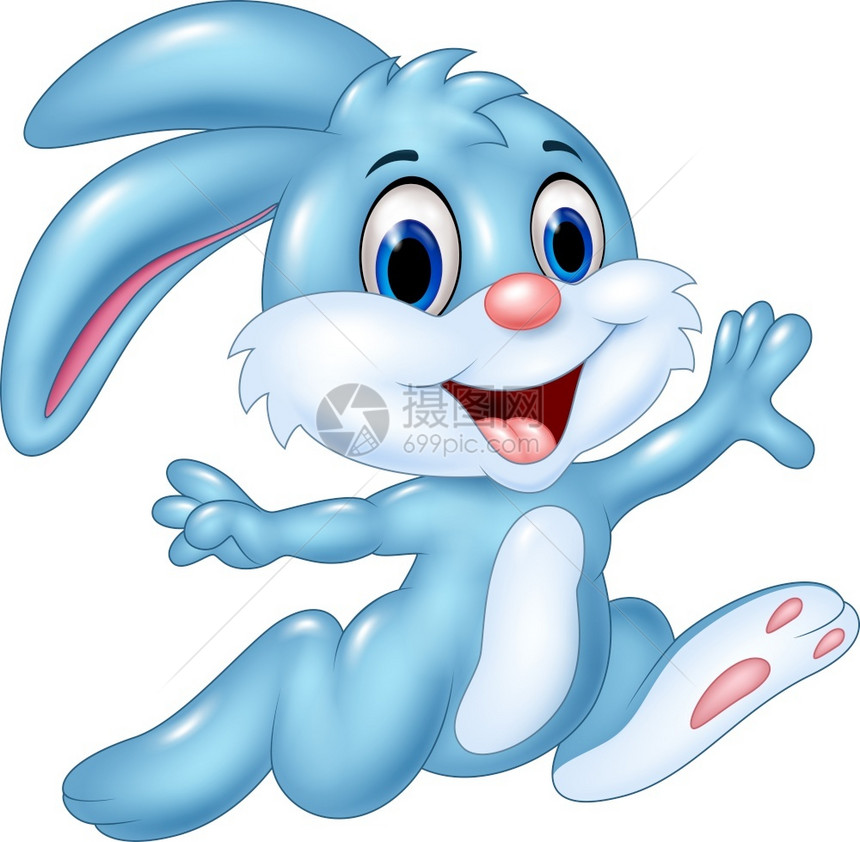 卡通兔子奔跑和快乐孤立在白色背景上图片
