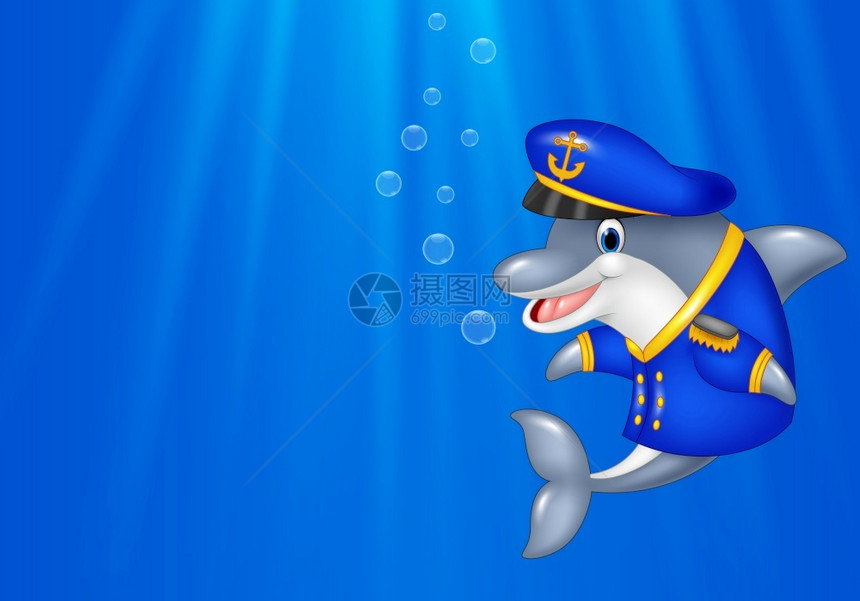 穿着船长制服在海中游泳的卡通豚图片