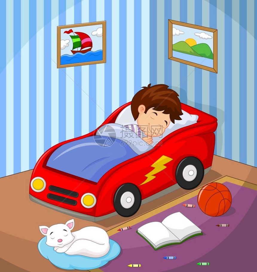 男孩睡在汽车床上图片