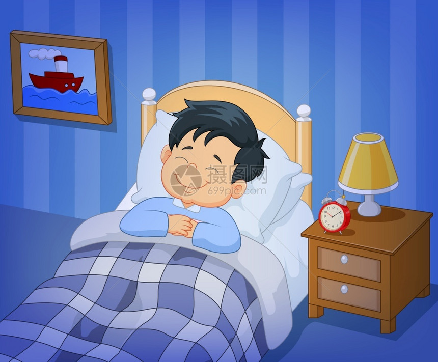 卡通喜笑小男孩睡在床上图片