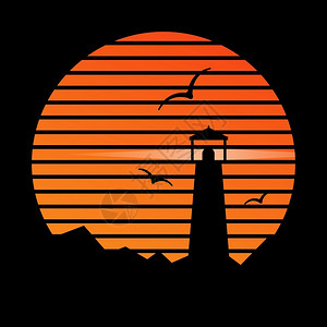 海湾日落日落和海鸥背景的灯塔插画