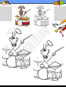 玩鼓的兔子角色扮演儿童彩色教育插图图片