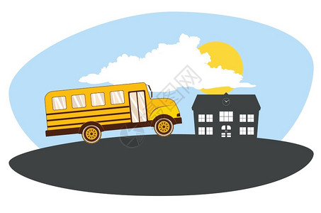 农村学校建筑和黄色公共汽车插图背景图片