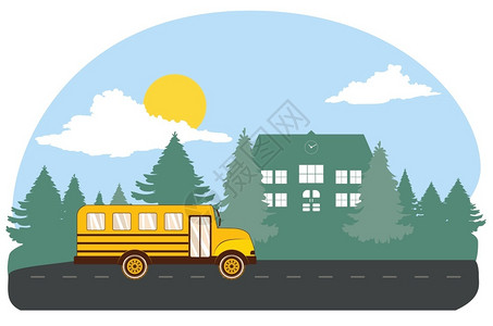 农村学校建筑和黄色公共汽车插图图片