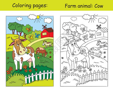 分别为彩色和黑白轮廓的牛吃草漫画插图图片