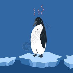 全球变暖一只悲伤的企鹅在融化的冰块上高清图片