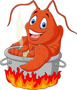 火上蚂蚁素材卡通滑稽龙虾在锅里煮插画