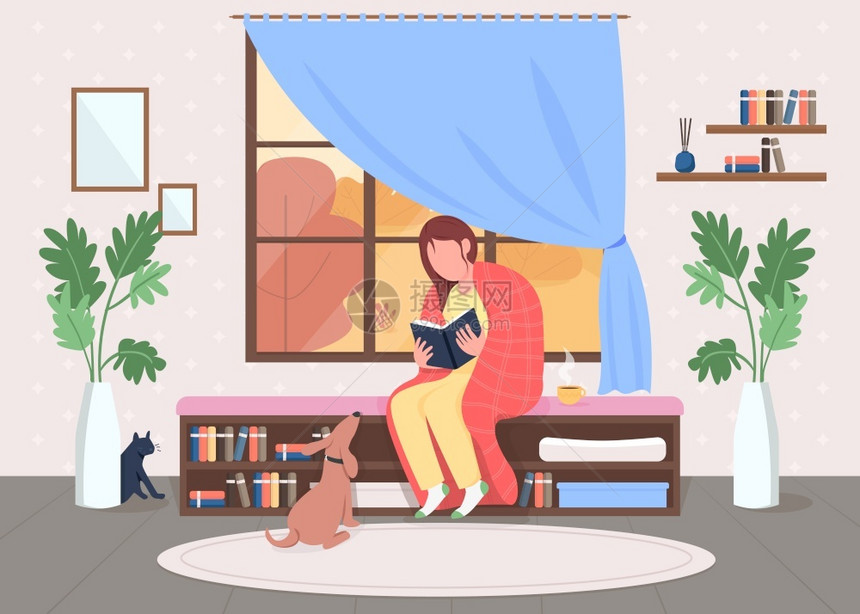 客厅人手拿着带毯子的书宠物在客厅主人女2d卡通人物背景在室内图片
