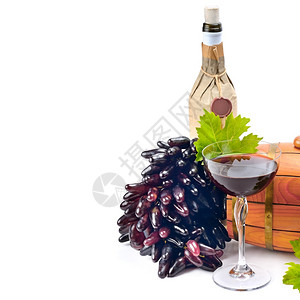 成熟的葡萄酒杯桶和瓶图片