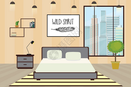 现代床现代旅馆房间插画